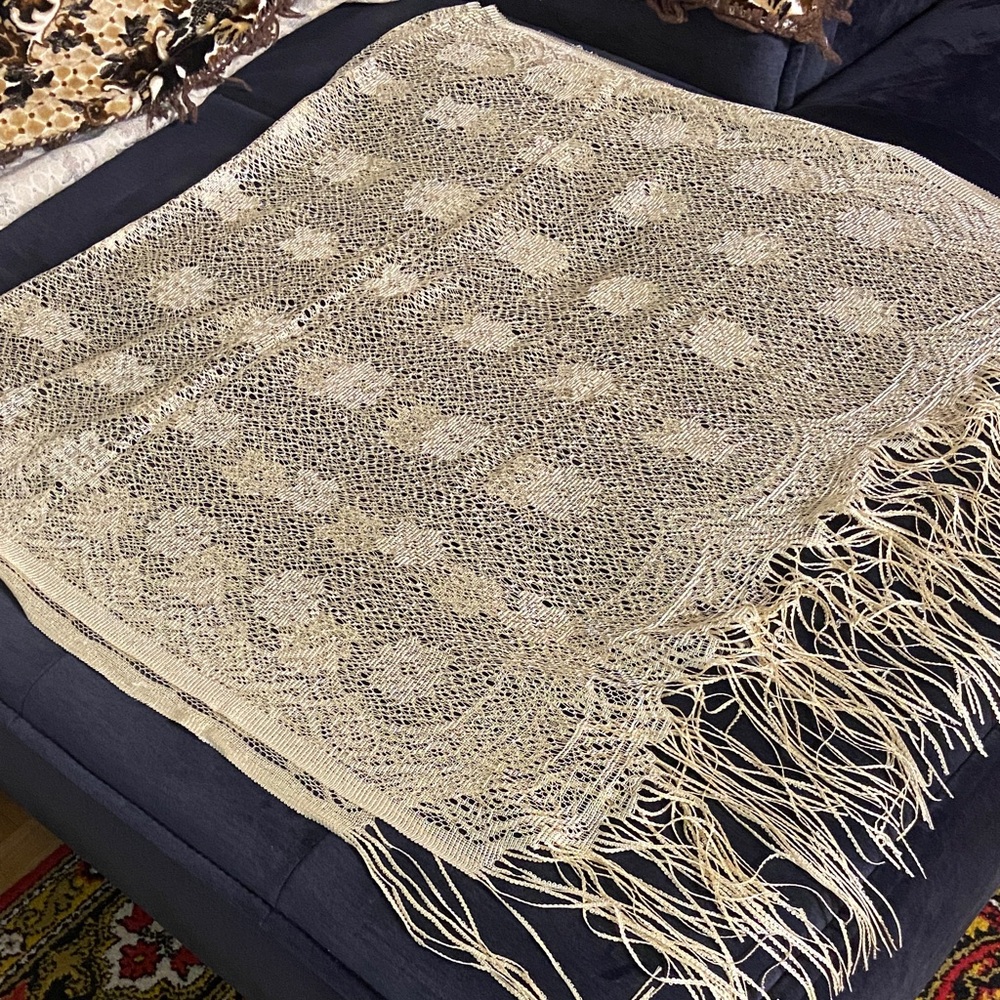 Elegant Cream Knit Shawl with Fringe